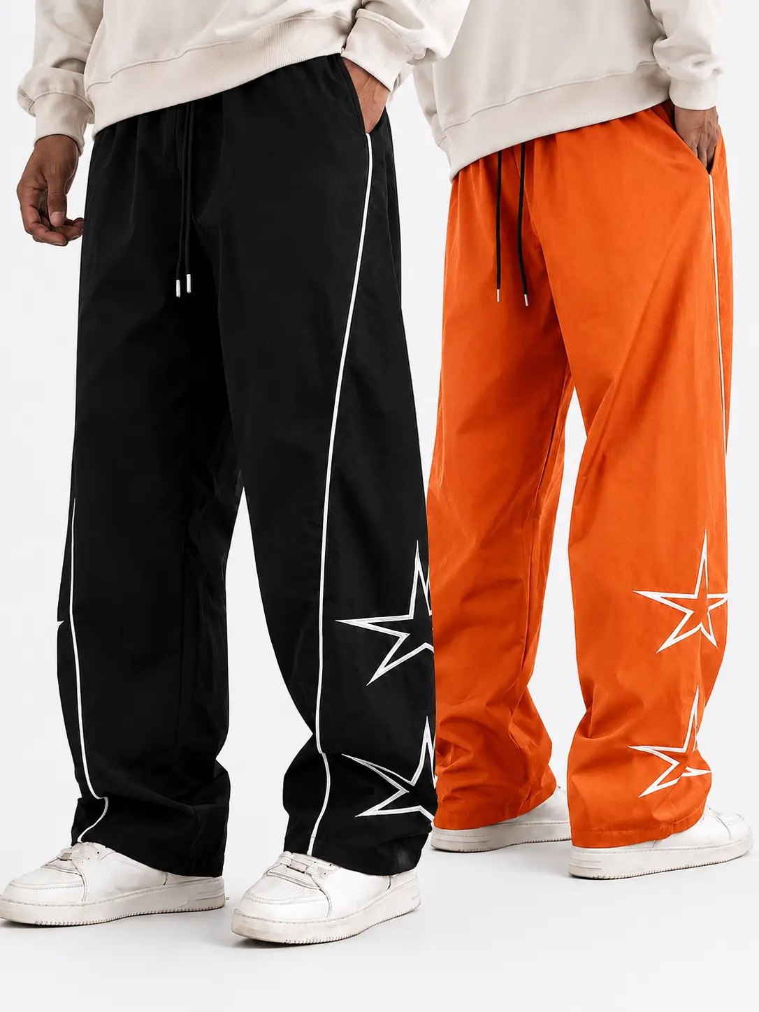 Men’s High Street Track Pants, Straight Leg Drawstring Casual Trousers with Star Graphic Contrast Piping, Retro Streetwear for Sport and Daily Wear