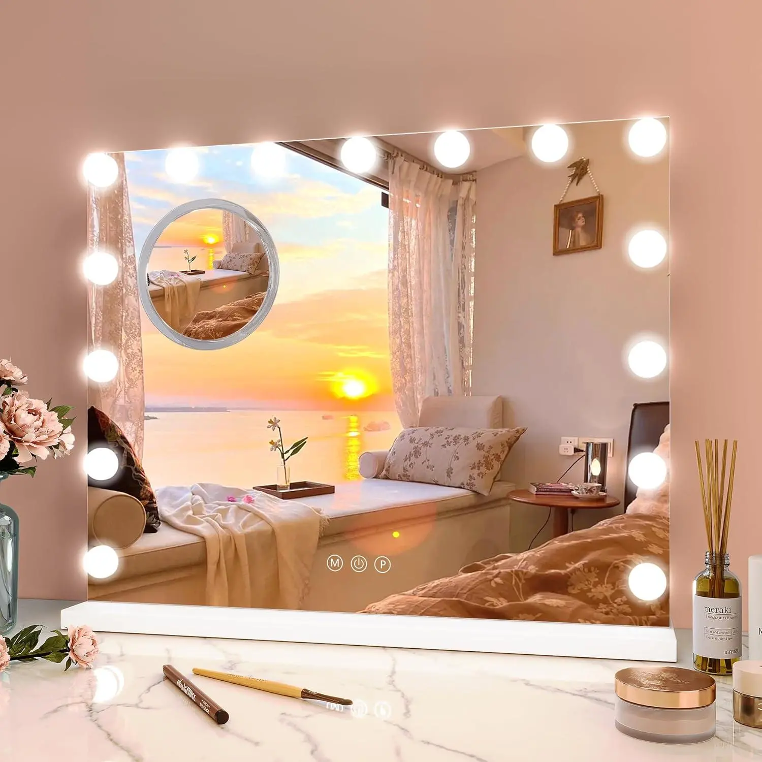 Gaomon Adjustable Lighted Bathroom Vanity Mirror - 23"x18" Rectangular Hollywood-Style Metal Frame, 15 Dimmable LEDs, 3 Color Modes, Touch Control, Built-In Charging Hub, Magnifying Feature, Easy Wall-Mounted/Tabletop Install for Home Decor Enthusiasts, B