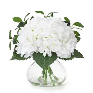 Hydrangea Artificial Flowers in Vase, Silk Faux Hydrangea Fake Flower Arrangements with Glass Vase and Faux Water for Home Decor Wedding Bouquets Table Centerpieces, White, Set of 7