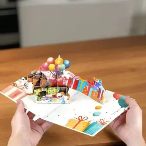 3D Pop-up Birthday Card, Cute Dog & Balloon & Cake Design Birthday Greeting Card, Birthday Gift for Dog Lovers, Unique Dog-themed Card Gift
