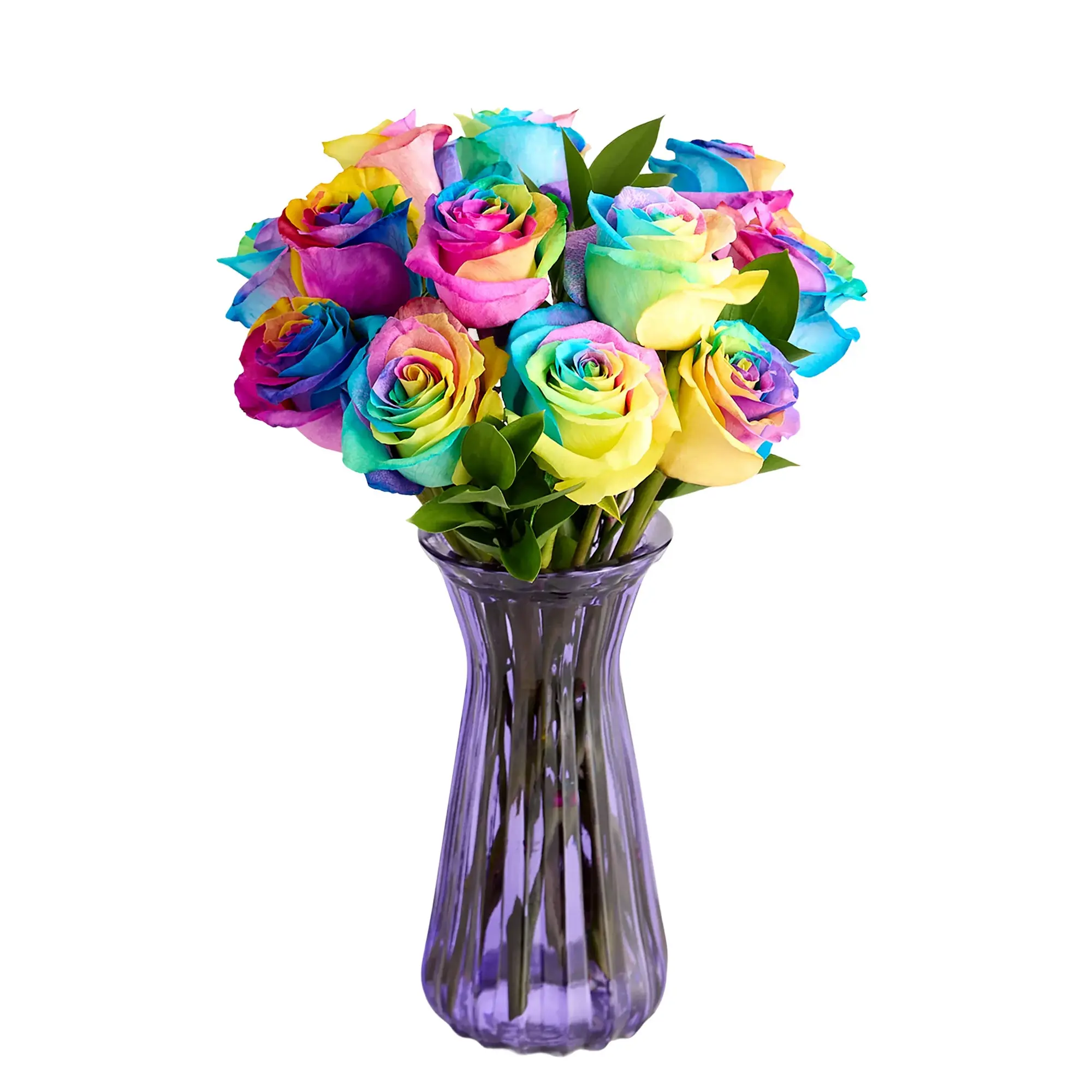 1800 Flowers - 12 Stem Kaleidoscope Roses with Purple Vase, Fresh Flowers 1800 Flowers - 12 Stem Kaleidoscope Roses with Purple Vase, Fresh Flowers