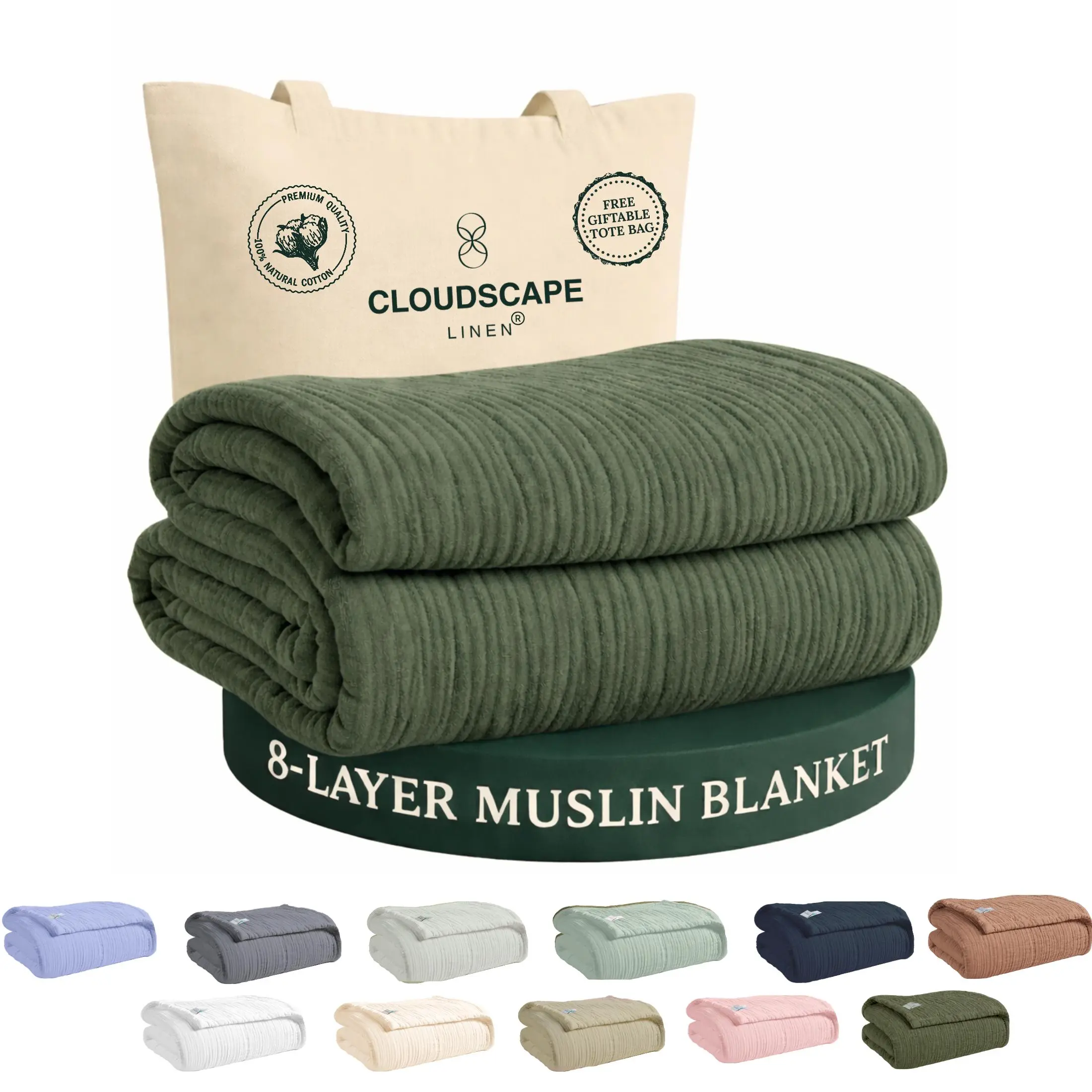 Cloudscape Linen 8-Layer Solid Colors 100% Cotton Muslin Bed Blanket for Adults, Oversized Machine Wash, Fits Full Bed, Soft, Lightweight, Breathable All-Season Bedding