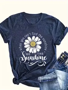 Soft And Comfortable Women'S Daisy Print T-Shirt - Casual Crewneck T-Shirt with Inspirational Quote "Be The Sunshine" - Lightweight Blend, Machine Washable, Suitable for Casual Wear, All-Season Wear |Relaxed Fit T-Shirt |Stretch Knit Top