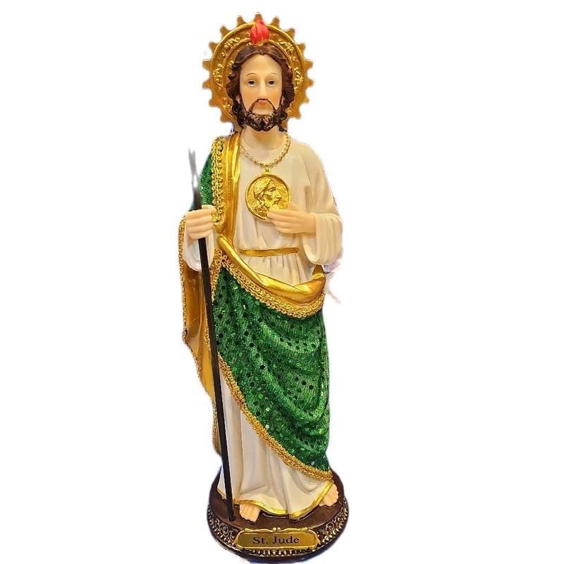 San Judas Tadeo Statue with Golden Halo and Green Robe for Religious Decorations Durable Material Detailed Design Ideal for Churches Chapels and Personal Spaces