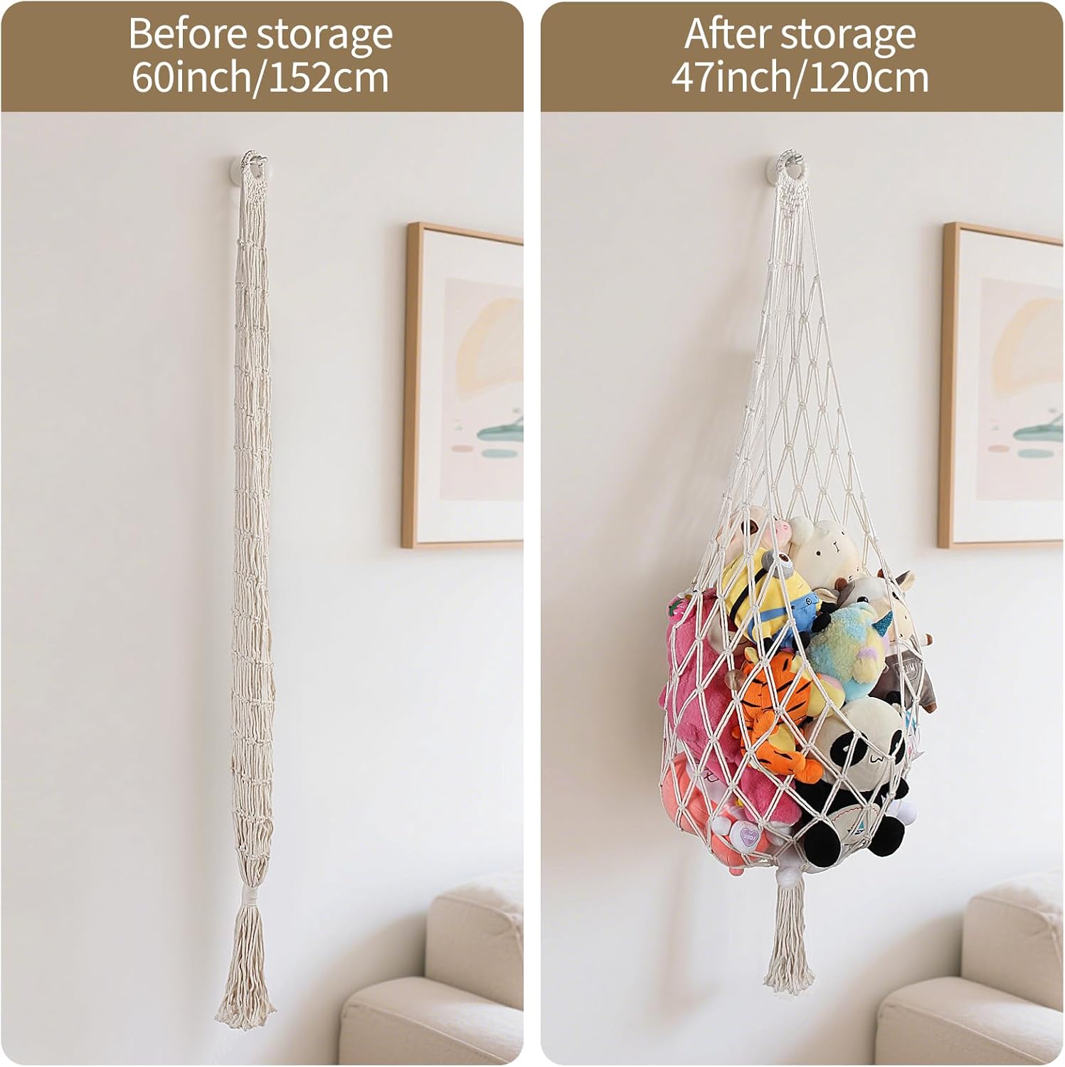 Stuffed Animal Storage Organizers Corner Hanging Net Stuffy Animal Hammock Macrame Toy Display Plush Toy Holder Wall, Kid Bedroom Decor Boho Nursery Playroom Organizer (Cream)