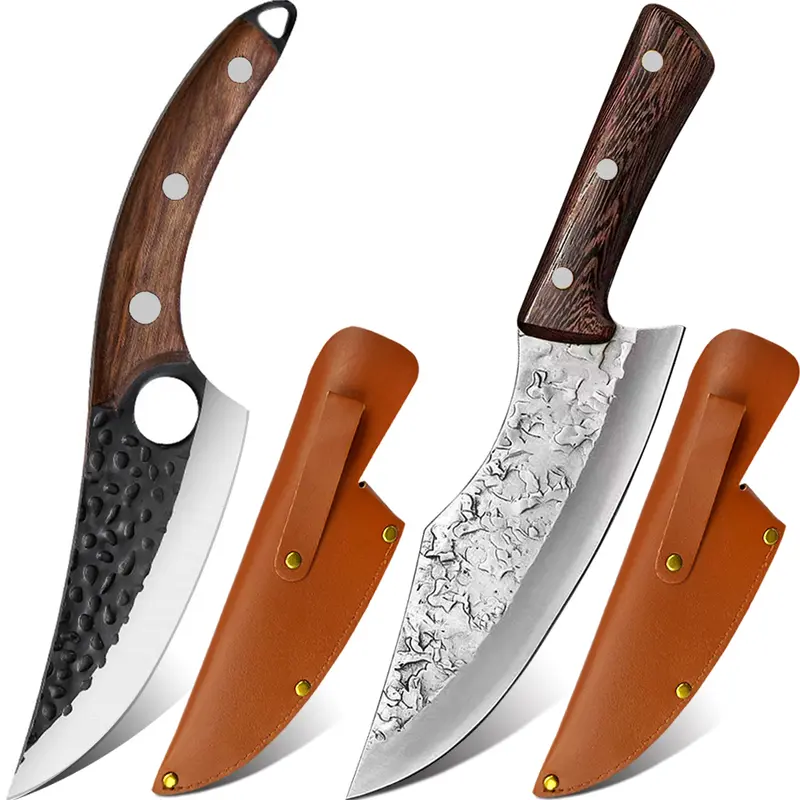2PCS Knife Set, Hand Forged Serbian Chef Knife & Meat Cleaver Knife & Viking Knives, Meat Cutting Kitchen Knife Set For Home, Outdoor Cooking, Camping BBQ