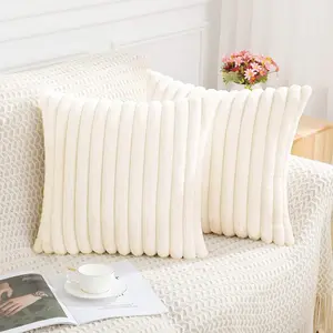 Faux Fur Plush Throw Pillow Covers 18x18 Set of 2 - Luxury Soft Fluffy Striped Decorative Pillow Covers for Sofa, Couch, Living Room - Cream White