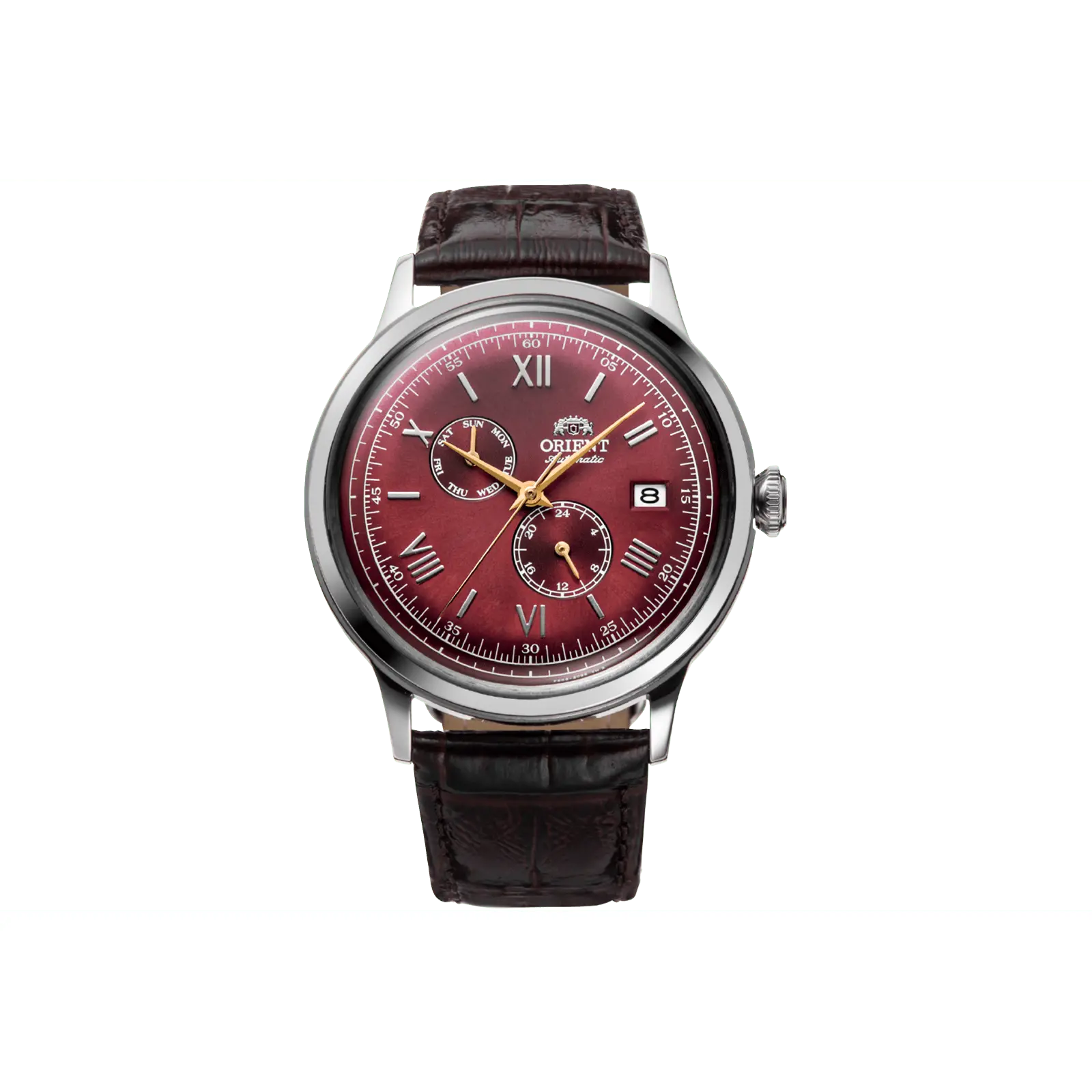 Orient Bambino V8 Men's Automatic Mechanical Business Watch, Dress Style with Brown Leather Strap, 40.5mm Bordeaux Dial, RA-AK0705R30B, Automatic Mechanical Watch, Business Leather Watch