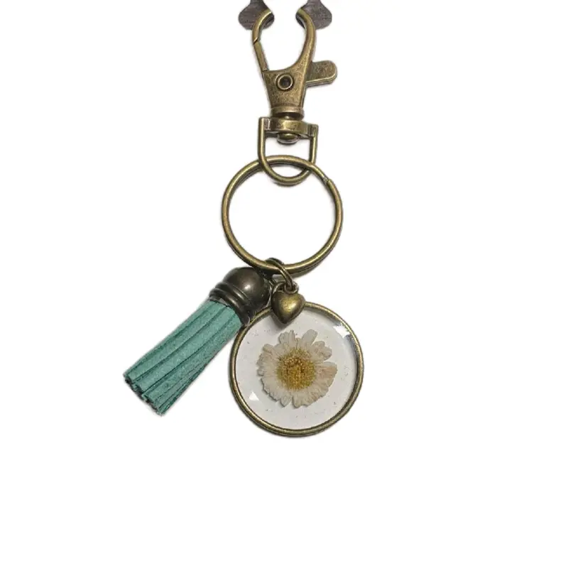 Real Dried & Pressed Flower in Resin Keychain with Teal Tassel and Heart Charm - Brass