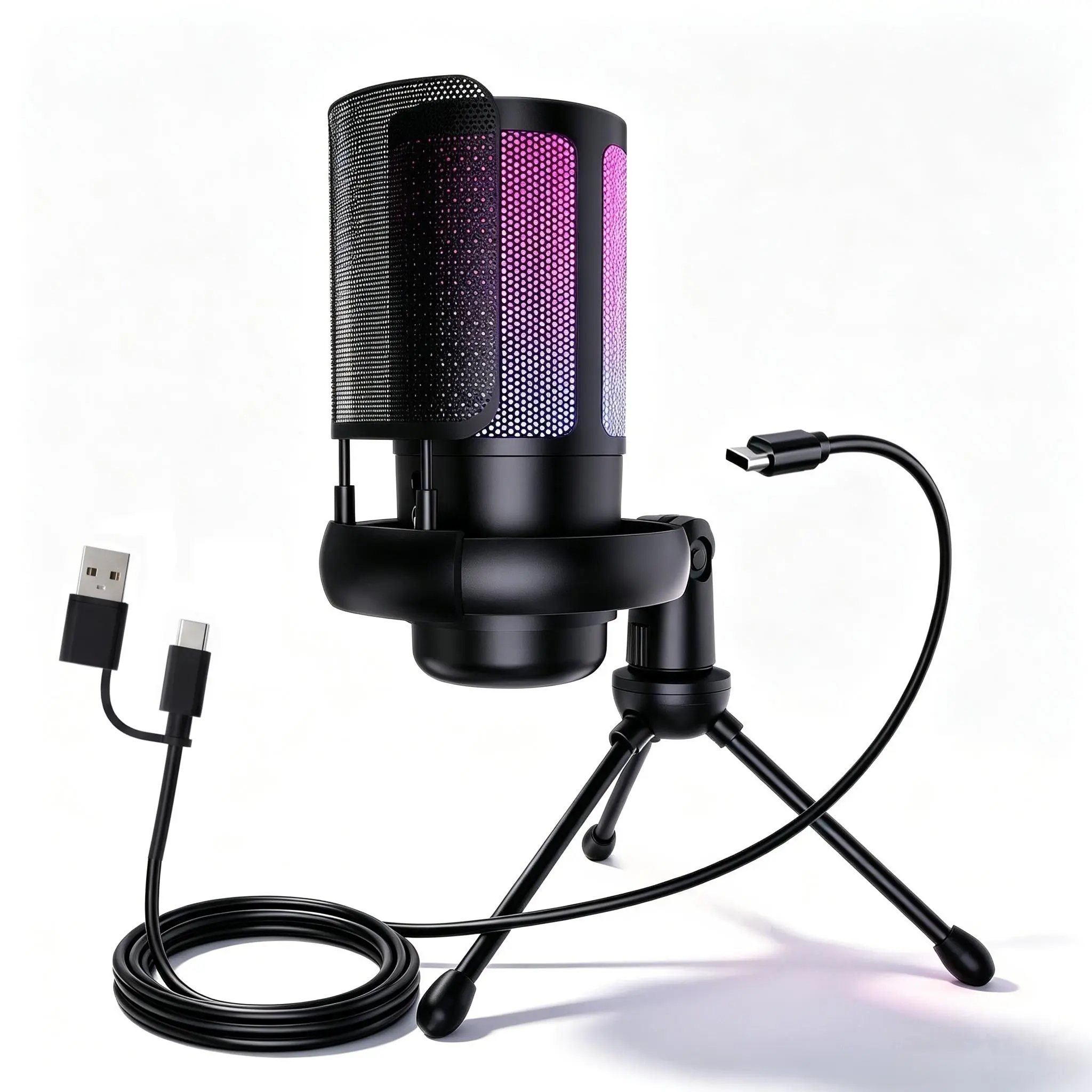 HITOZON Wired   Microphone - RGB  Kit, Content Creator Tools with Anti-Vibration Shock Mount, Plug-and-Play,Pore Filter, Tripod Stand, Gain Control, Touch Mute, Monitoring, Noise Cancellation for PC, Mobile usb condenser mic