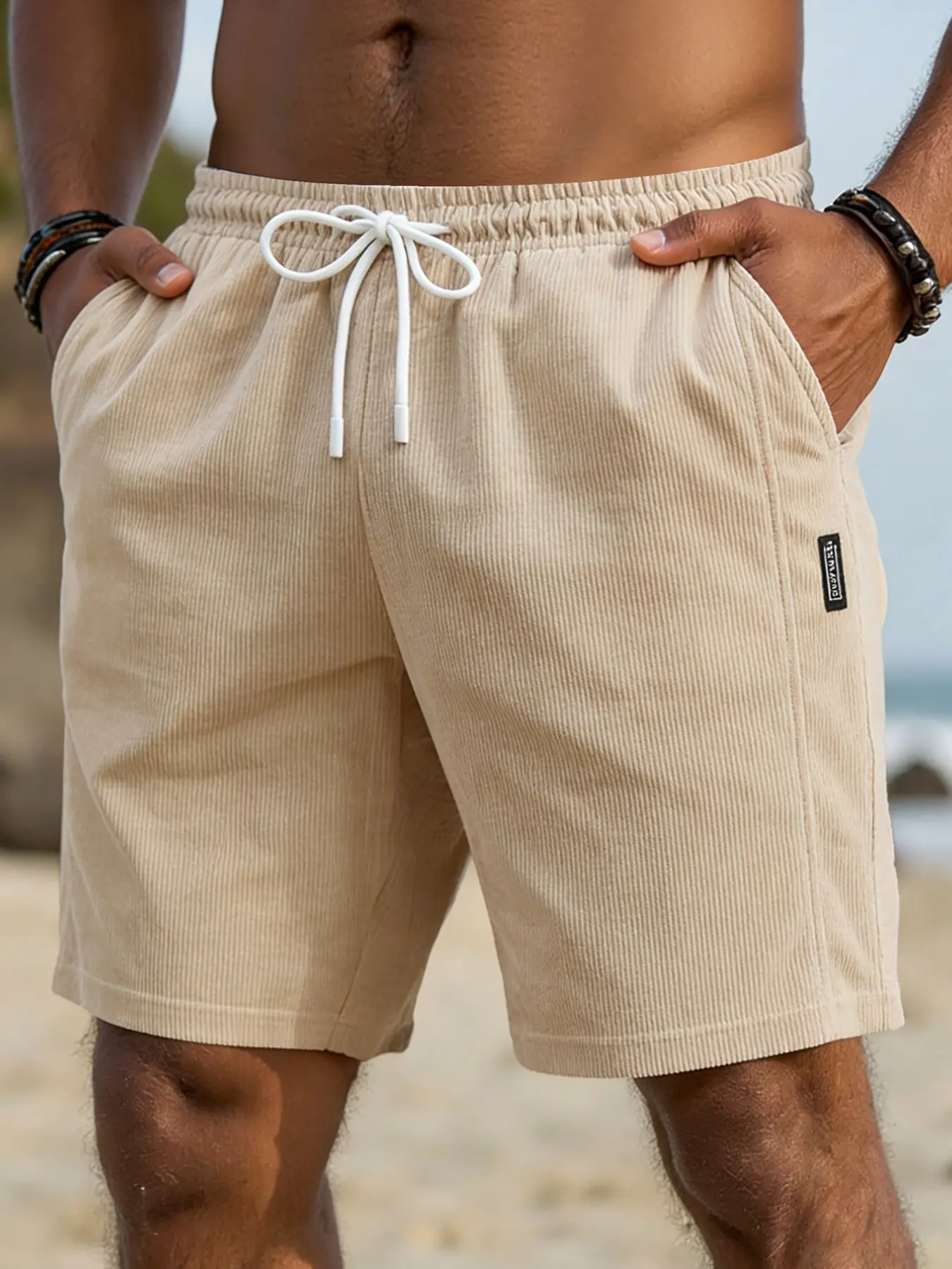 Men's Corduroy Casual Wear Shorts, Drawstring Waist Design, Summer Tropical Beach Bermuda Shorts, Side Pockets, Loose-Fitting, Asymmetrical Style