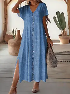 Women's  Faux Denim Print Maxi Dress, V-Neck Short Sleeve Loose-Fit Summer Dress with Double Side Slits for Casual Everyday Wear Bohemian Print Dress Womenswear Vneck