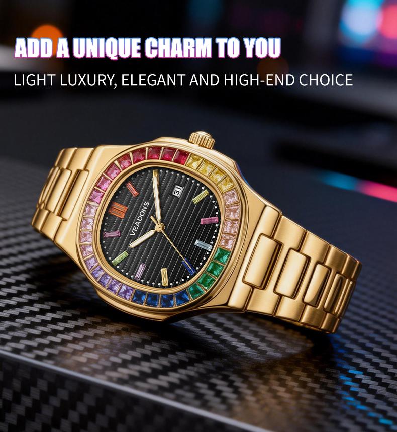 Brand Counter Authentic Premium Boutique Luxury Square Wristwatch – Rainbow Crystal Accents | High‑End Men’s Timepiece with Diamond Mirror Finish  | Versatile Casual & Business Look | Ideal Gift for Him | Stylish Wristwatch with Date Function