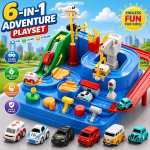 Car Adventure Track Toy for Toddlers, 8-Level City Rescue Race Track Set with 6 Mini Cars, Manual Parking Garage Game and Busy Board Toy