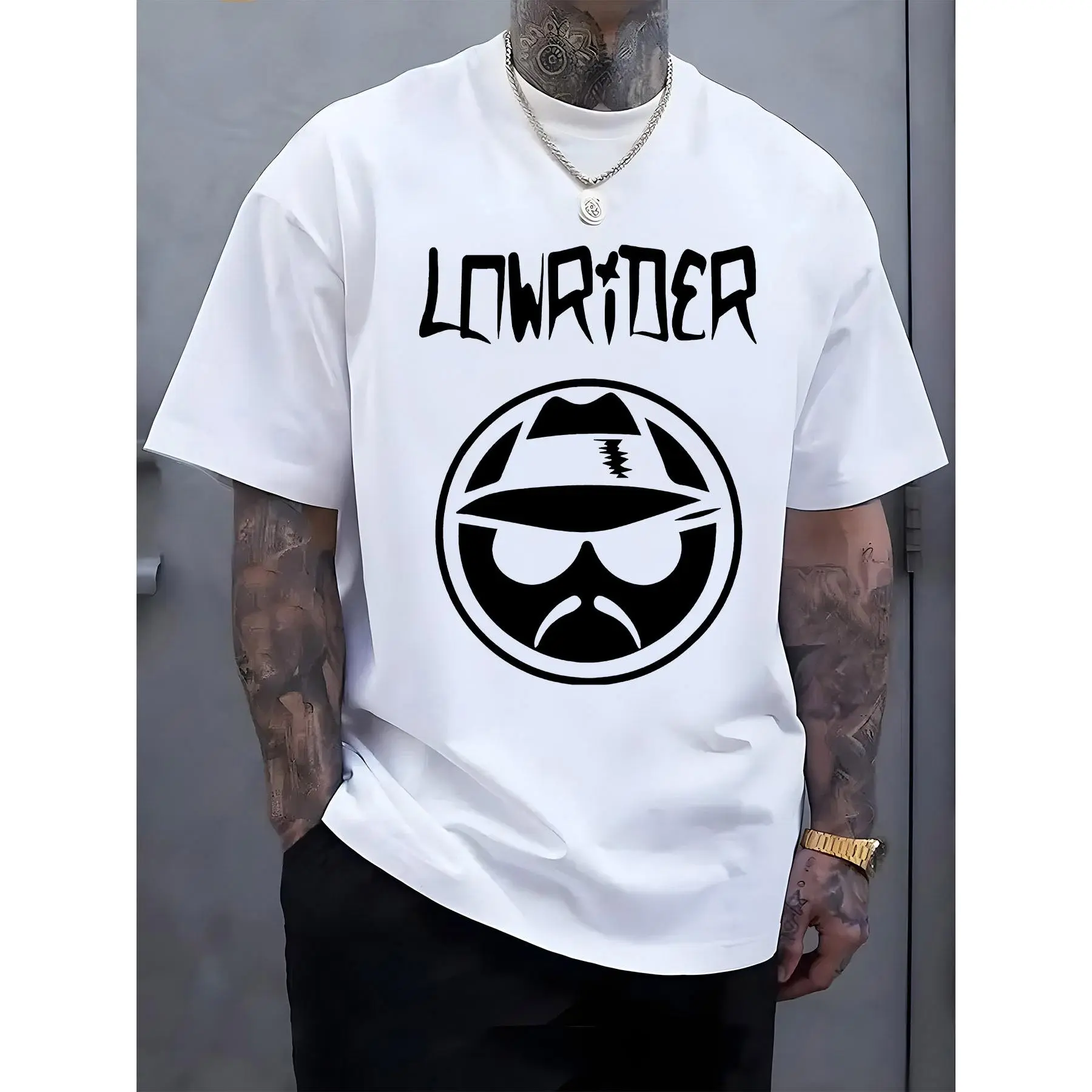 Men's Casual Graphic Tee - Short Sleeve Crew Neck Tee with "LOWRIDER" Print, Summer Outdoor Streetwear, White Machine Washable, Casual Outfit |       Casual Style Shirts
