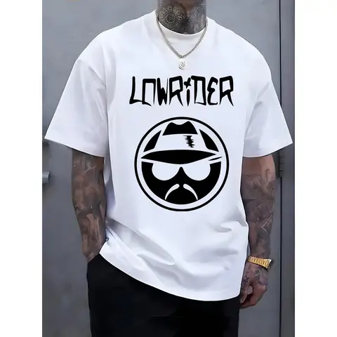 Men's Classic Soft Cotton Casual Graphic T-Shirt - Short Sleeve Round Neck Menswear Top, Breathable Relaxed Fit, "LOWRIDER" Print, Summer Outdoor Streetwear, White Machine Washable Tshirt