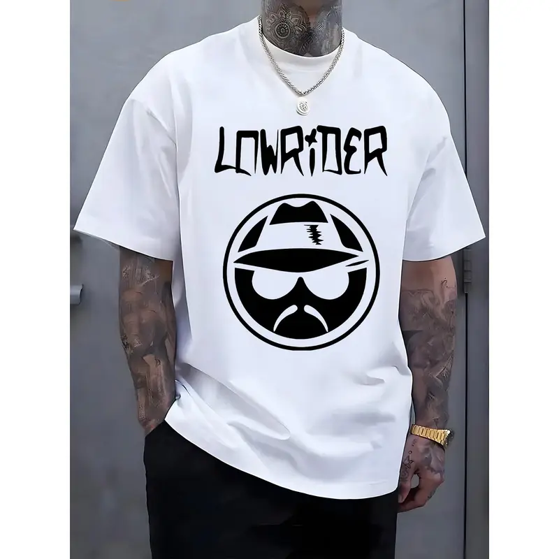 Men's Classic Soft Cotton Casual Graphic T-Shirt - Short Sleeve Round Neck Menswear Top, Breathable Relaxed Fit, "LOWRIDER" Print, Summer Outdoor Streetwear, White Machine Washable Tshirt