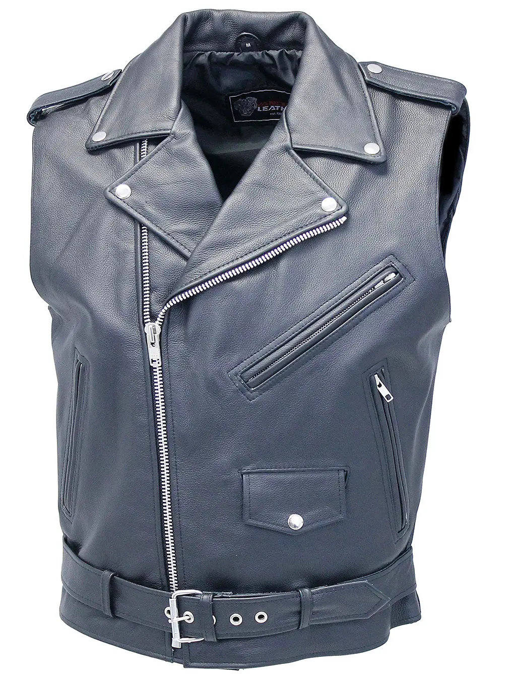 JAMIN LEATHER® Classic Black Leather Motorcycle Vest VM926GK Menswear Sleeveless Biker Jacket with Concealed Pockets & Adjustable Belt - Tops