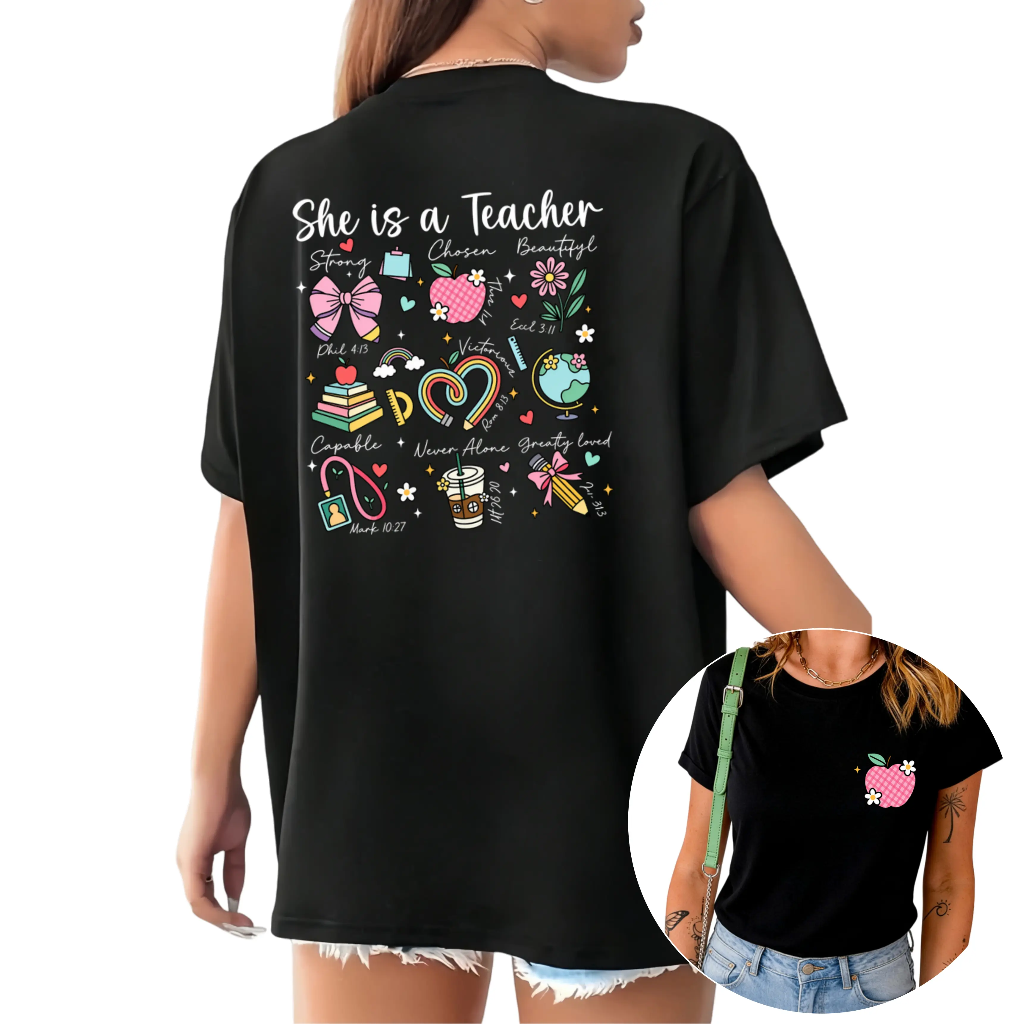 100% Cotton Back-To-School T-Shirts Double-Sided Print, She Is A Teacher With Cute Apple And School Supplies Graphics, Gift For Female Teachers And Educators