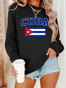 Women's Cuba Flag & Letter Print Drop Shoulder Sweatshirt, Casual Long Sleeve Round Neck Pullover for Fall & Winter, Ladies Clothes for Daily Wear