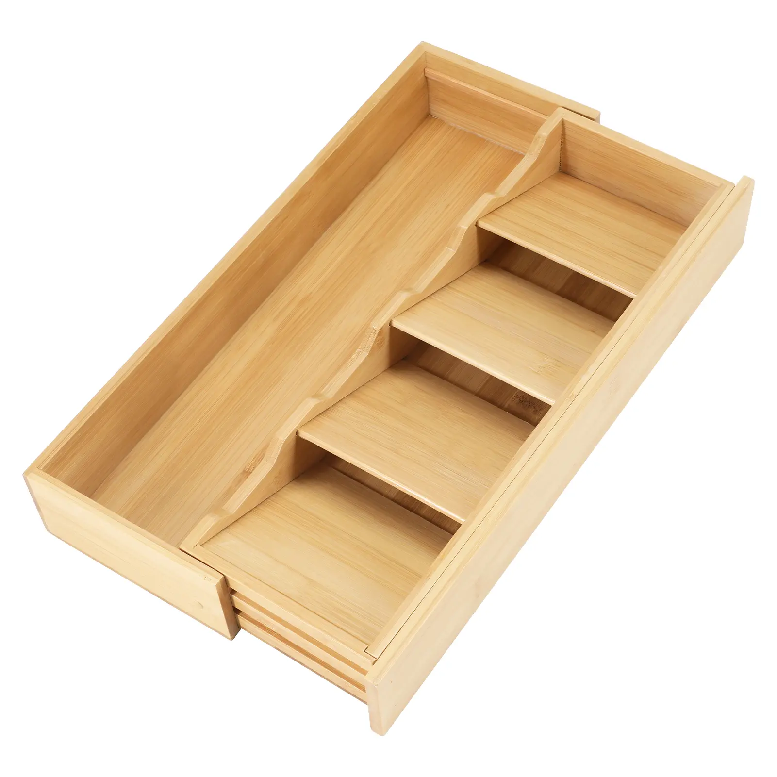 Natural Bamboo Expandable Drawer Organiser with Dividers - Space-Saving Adjustable Storage Holder for Kitchen Utensils, Cutlery, 16.6in x 5.5in x 2.3in (Bamboo Organizer for Home Supplies)