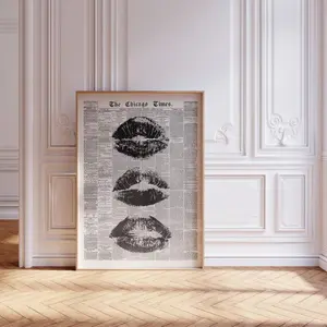 Kiss Lips Digital Poster, Trendy Black & White Newspaper Art Print, Aesthetic Room Decoration, Retro Girly Dorm Satin Poster