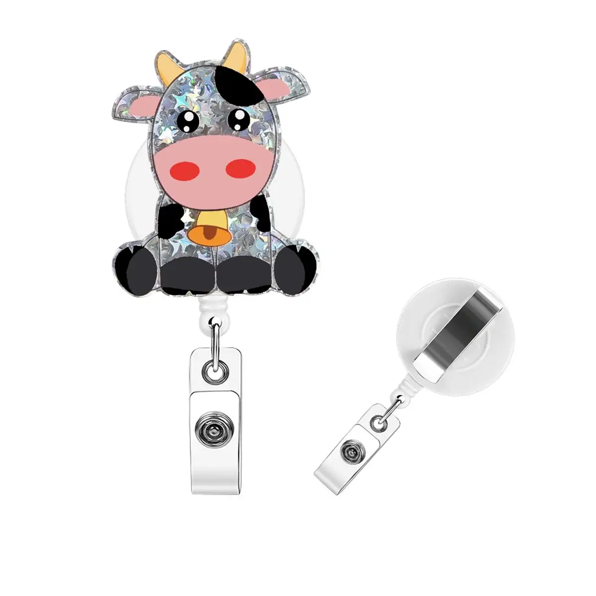 Cartoon Cow Pattern Badge Holder, 1 Count ID Retractable Badge Reel, ID Badge Holder for Nurse Doctor Student Worker