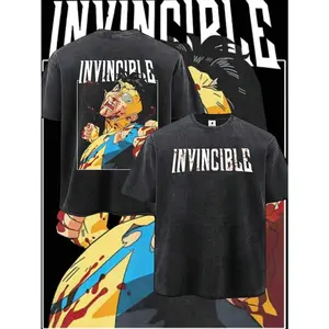 Retro Washed Black Oversized T-Shirt, "INVINCIBLE" Text & Bruised Superhero Graphic Print Casual Short Sleeve, Unisex Streetwear for Men & Women, Loose Fit for Outdoor & Daily Wear