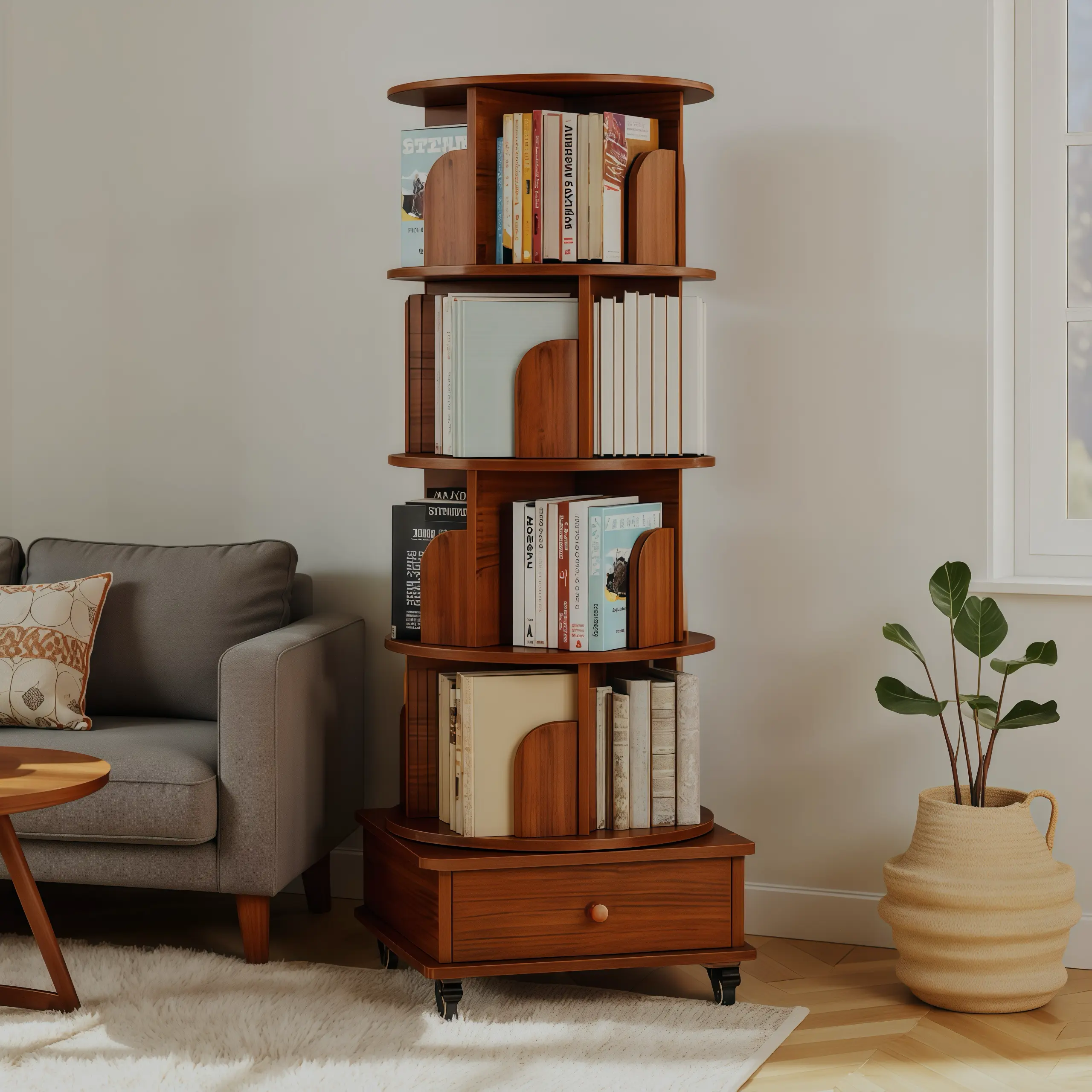 Rotating Bookshelf, 360 Display Corner Bookshelf for Small Space, Bookcase Storage Rack with Wheels, Wood Narrow Organizer for Bedroom, Living Room, Study Room,Shelves,Bookcase