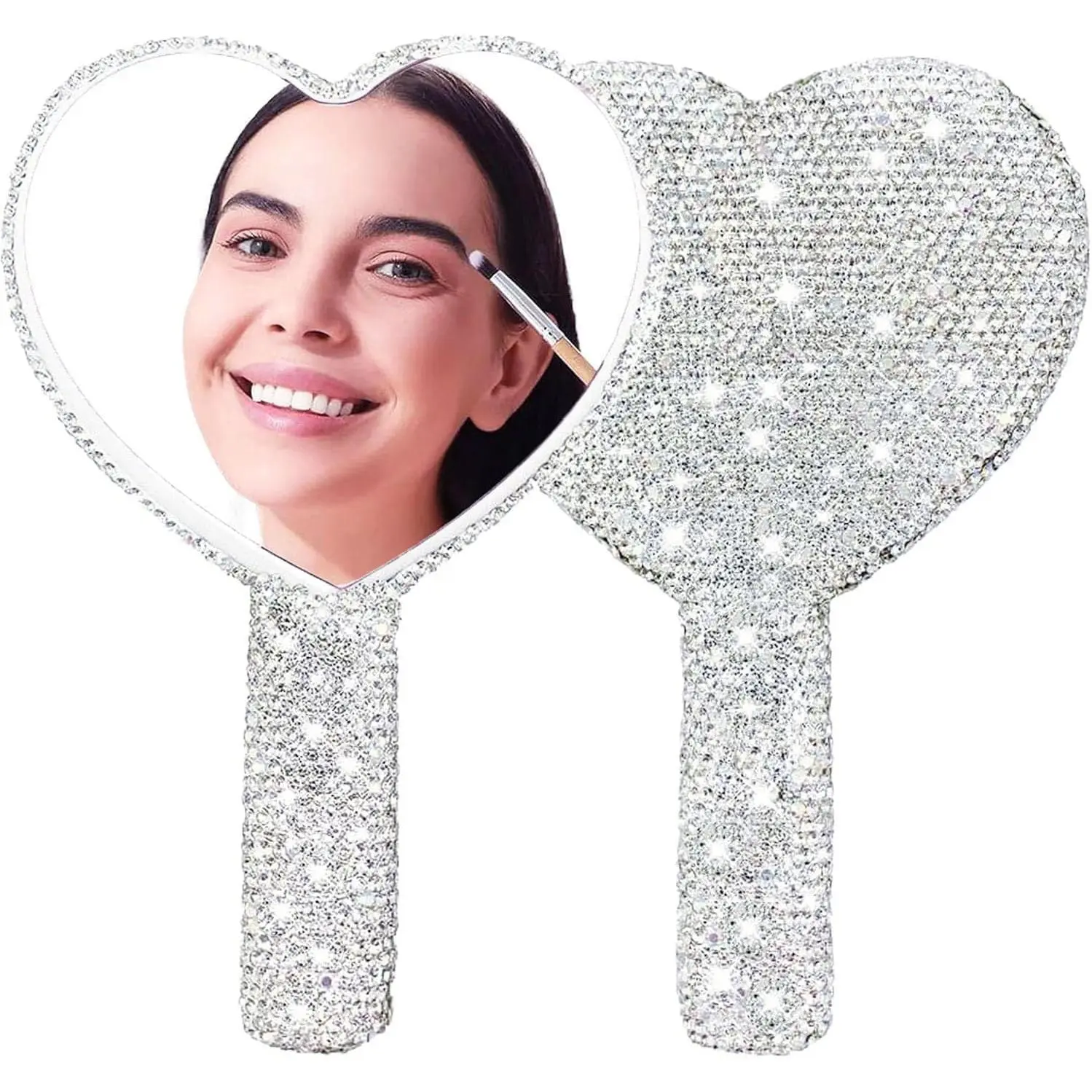 Women's Silver-White Large Rhinestone Heart Handheld Mirror, Bling Glitter Cosmetic Portable Handle Mirror, Single Item for Wedding Party Supplies & Gifts