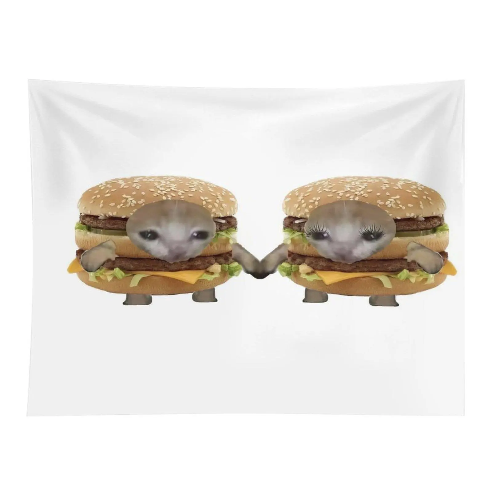 Funny Meme Cat Head Double Burger Character Wall Tapestry Whimsical Humorous Novelty Graphic Print for Dorm Game Room Casual Wall Decor