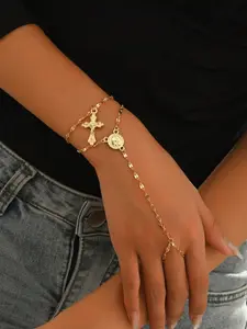 2 Pieces Set: Versatile Fashion Gold Religious Cross Pendant Bracelet With Classic Adjustable Finger Ring Chain Jewelry, Elegant Jewelry Bracelet, Suitable For Daily Wear
