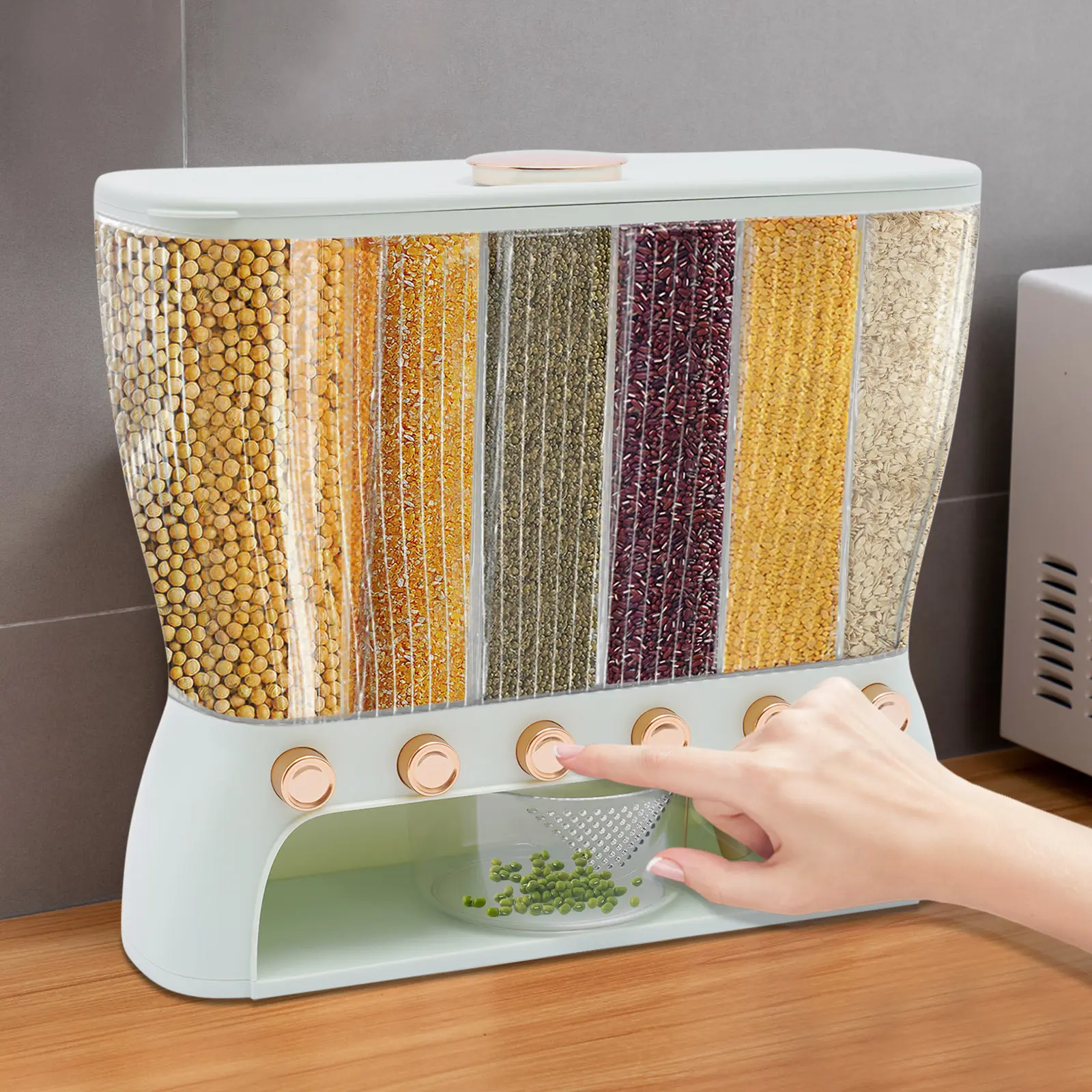 Light Green 6 Grid Grain Dispenser 22LBS Food Grade ABS Push Button Sealed Moisture Insect Proof Transparent Rice Storage Container for Kitchen Pantry