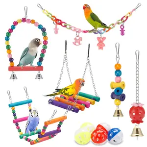 Colorful Bird Cage Toy Set with Swing, Hammock, and Climbing Ladder for Parakeets, Conures, and Love Birds