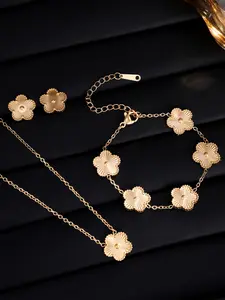 3pcs Vintage Fashion Stainless Steel Clover Set, Luxury High-End Skin Brightening, Gentle Safe Material, Comfortable Fit, Fashionable Jewelry Set