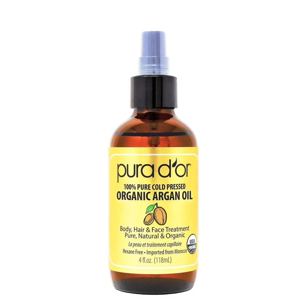 PURA D’OR Pure Cold Pressed Organic Argan Oil Gold 4oz (118ml) – 100% Pure Moroccan Argan Oil for Hair, Face, Skin, Beard & Scalp Moisturizing