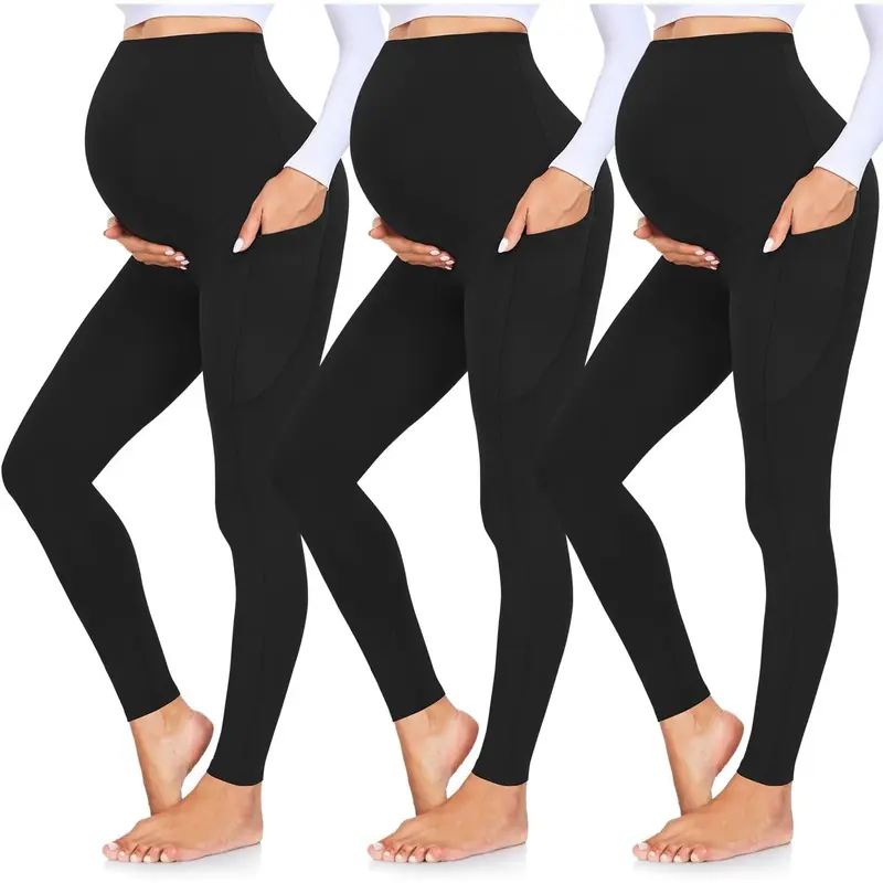 3 Pack Women's Maternity Leggings with Pockets Over The Belly Workout Yoga Pregnancy Pants