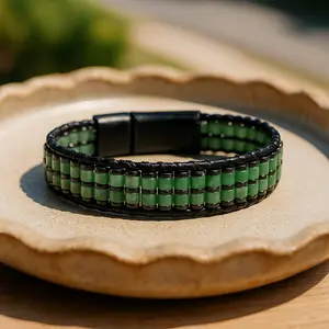 Green Aventurine Stainless Steel Leather Bracelet Braided Magnetic Clasp Jewelry