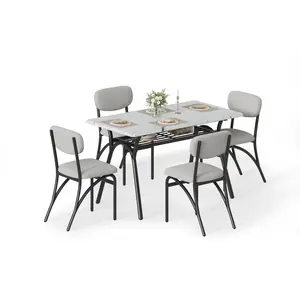 5-Piece Dining Table Set for 4, Modern Kitchen Table with 4 Boucle Chairs, Rectangular Dining Table with Storage Shelf for Breakfast Nook, Apartment, Compact Homes