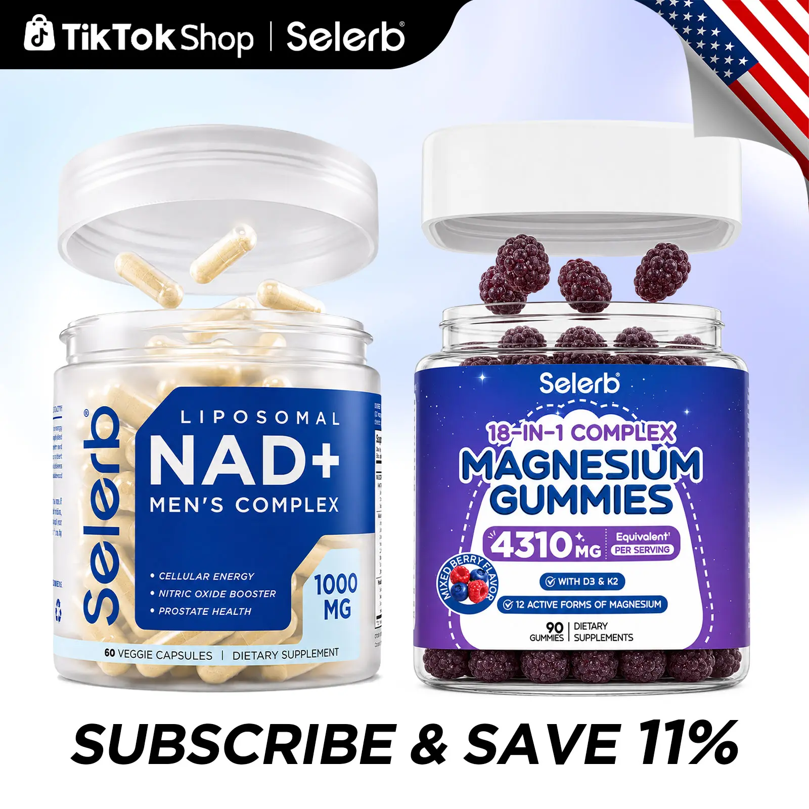 Selerb NAD+ Supplement for Men + 18 in 1 Magnesium Complex Gummies Bundle – Liposomal NAD+, Trans-Resveratrol, CoQ10, Maca, Ashwagandha, Magnesium Glycinate, Citrate, Malate, Taurate, D3 & K2 – Sugar Free (60 Capsules & 90 Gummies)