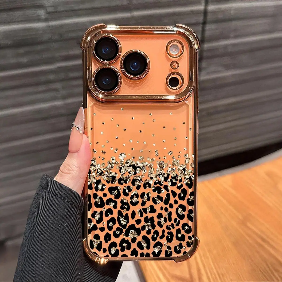 Gold Foil Leopard Print Pattern Phone Case ,Electroplated Cover with Airbag Shockproof Soft TPU Cover for iPhone X 11 12 13 14 15 16 17 Pro Max Plus Air, Cute Aesthetic Gradient Design