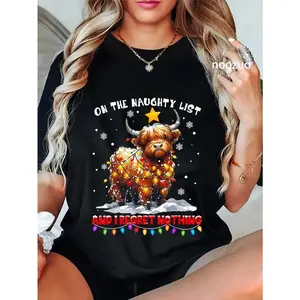 100% Cotton Unisex On The Naughty List And Reget Nothing Christmas Highland Cow T-Shirt Casual Top