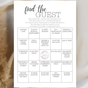 Find The Guest Bingo Game, Girls Night Out Game, Bingo Card (Set of 25)