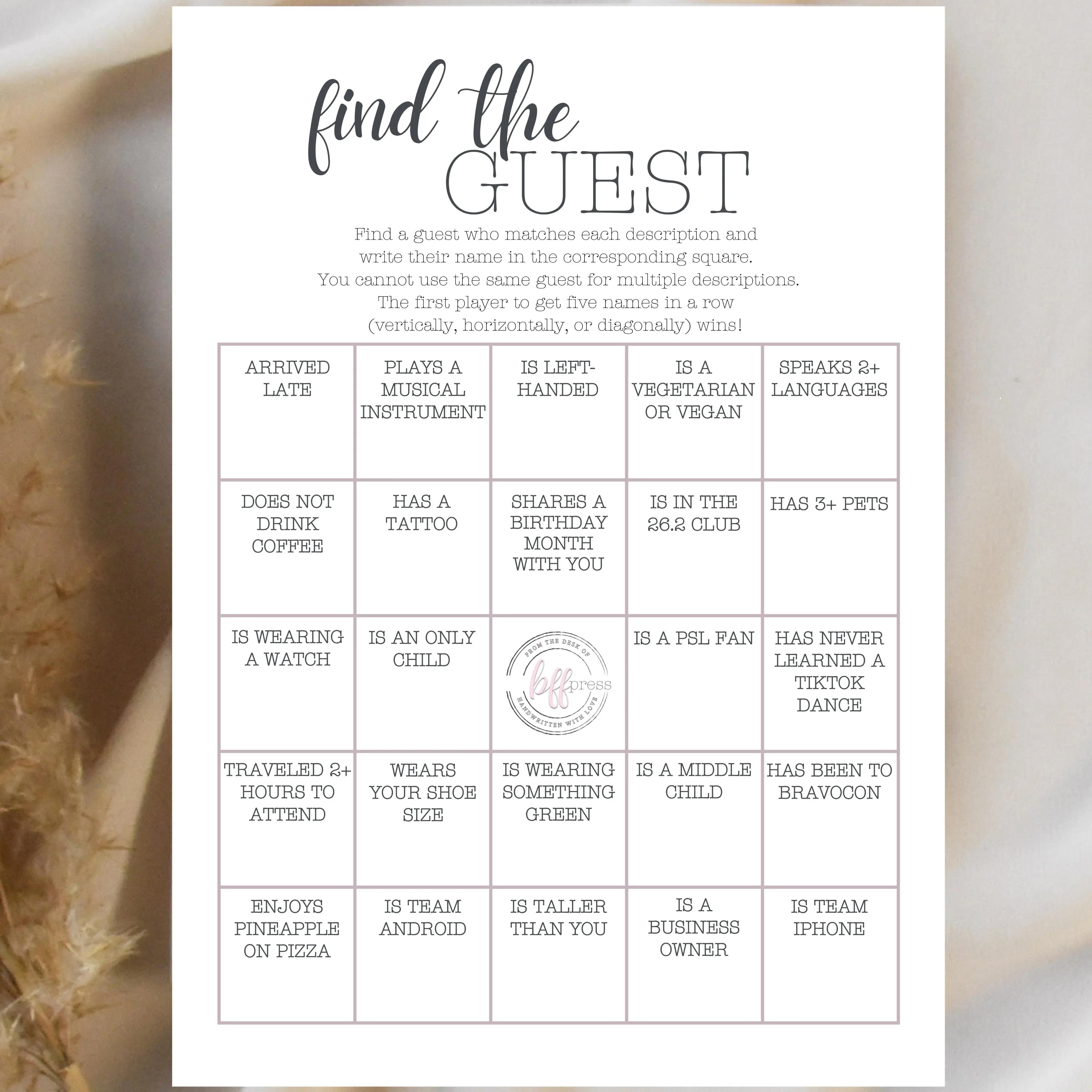 Find The Guest Bingo Game, Girls Night Out Game, Bingo Card (Set of 25)