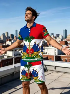 Haiti Theme Casual Polo Set, 3D Print Tropical Men's Summer Sports Two-Piece, Loose-Fitting Short Sleeve Top with Shorts