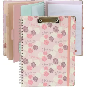 Clipboard Folio Spiral Folder Board,5 Extra Folders with 10 Storage Pockets,Refillable Lined Fillable Notepad,Folded Clipboard with Storage,Suitable for Office,School and Student (Pink Love Flower) Teacher Organization