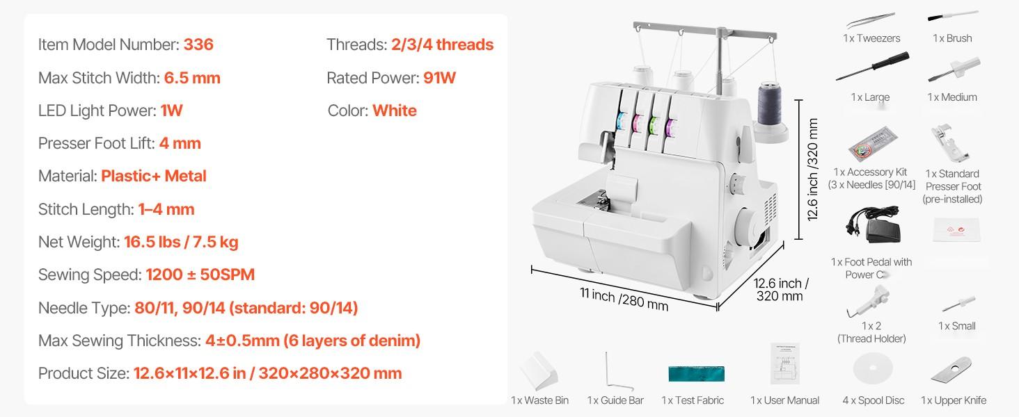 Serger Overlock Sewing Machine, 1250 Stitches Per Minute, 2-3-4 Thread Capability, 0.7-2.0 Adjustable Differential Feed, Free Arm, LED Light, Quiet Operation, Suitable For Knit, Woven, And Stretch Fabrics, White