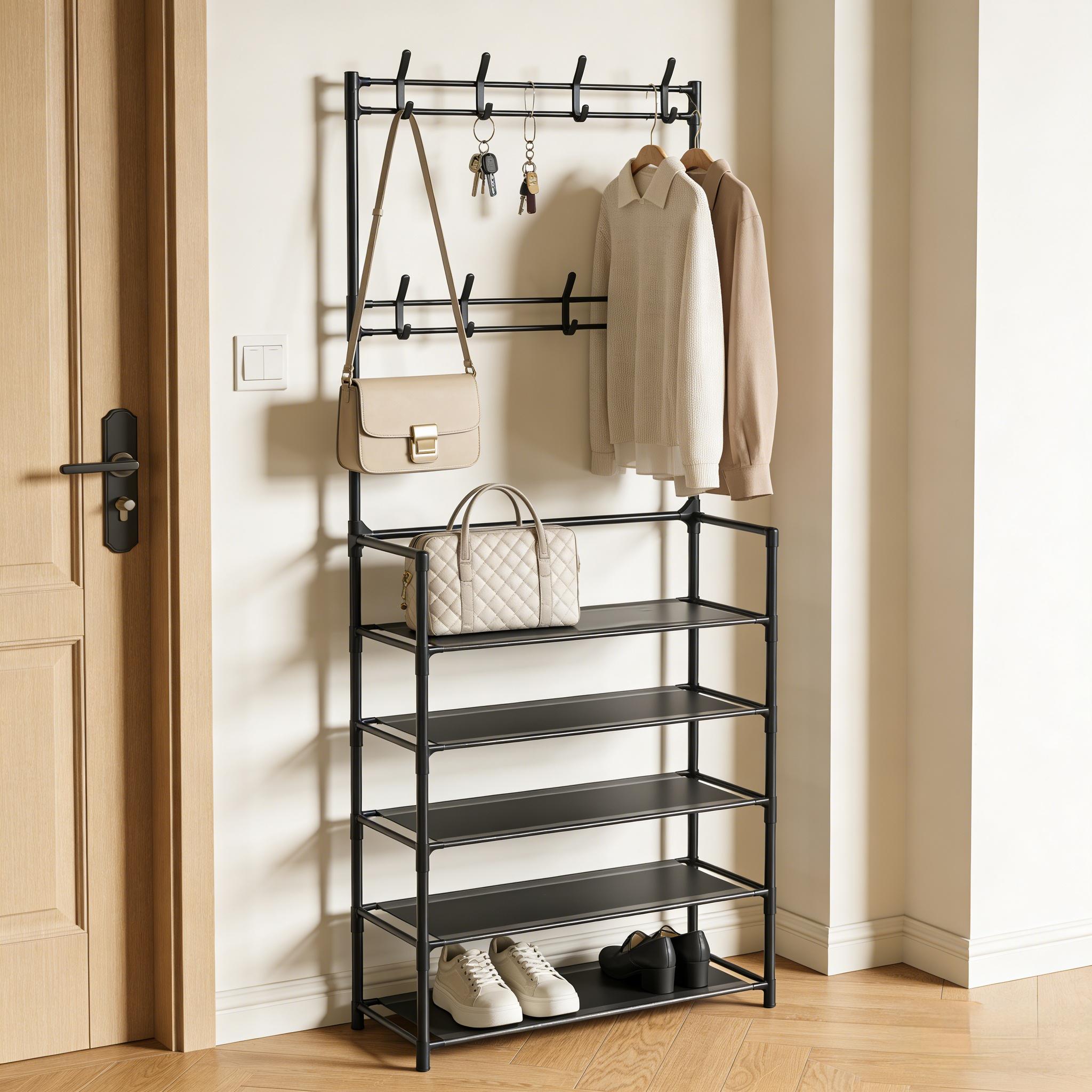 Clothing rack, shoe rack, 2-in-1 household floor hanging clothes rack, multi-layer shoe rack, entrance storage rack, easy assembly