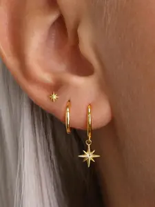 3-Piece Elegant Ear Jewelry Set, 14k Gold-Plated Star Earrings, Hypoallergenic Hoop Studs, Daily Wear for Sensitive Ears