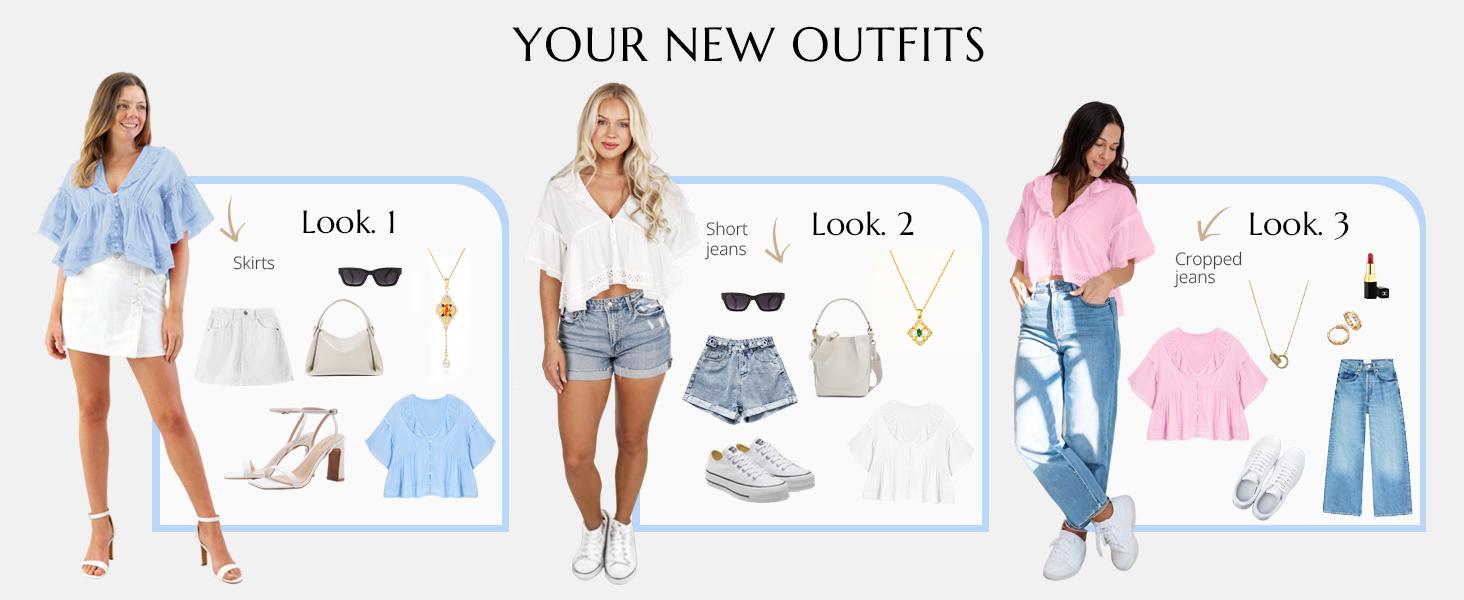 Cicy Bell Womens Cropped Babydoll Tops Summer Eyelet V Neck Short Sleeve Cute Blouses Ruffle Shirts Cicy Bell Womens Cropped Babydoll Tops Summer Eyelet V Neck Short Sleeve Cute Blouses Ruffle Shirts